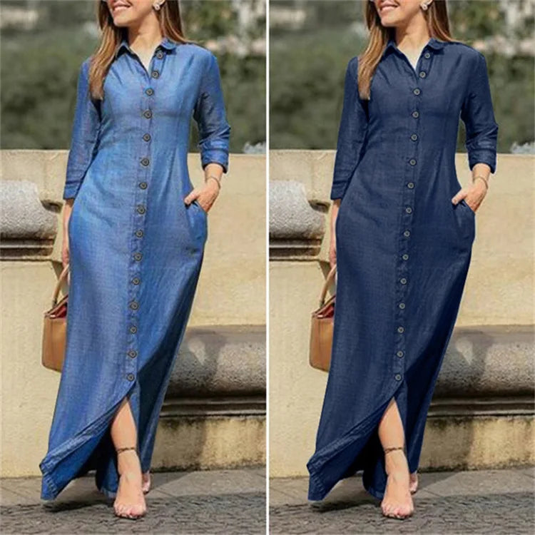 Vestido vaquero retro de otoño para mujer, elegante y moderno vestido de manga larga, cárdigan con solapa, vestido vaquero largo