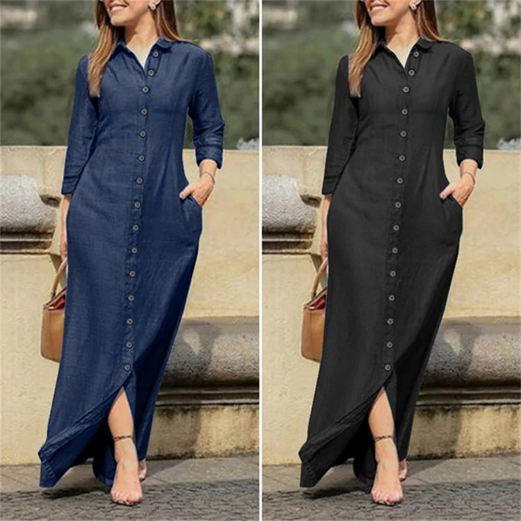 Vestido vaquero retro de otoño para mujer, elegante y moderno vestido de manga larga, cárdigan con solapa, vestido vaquero largo